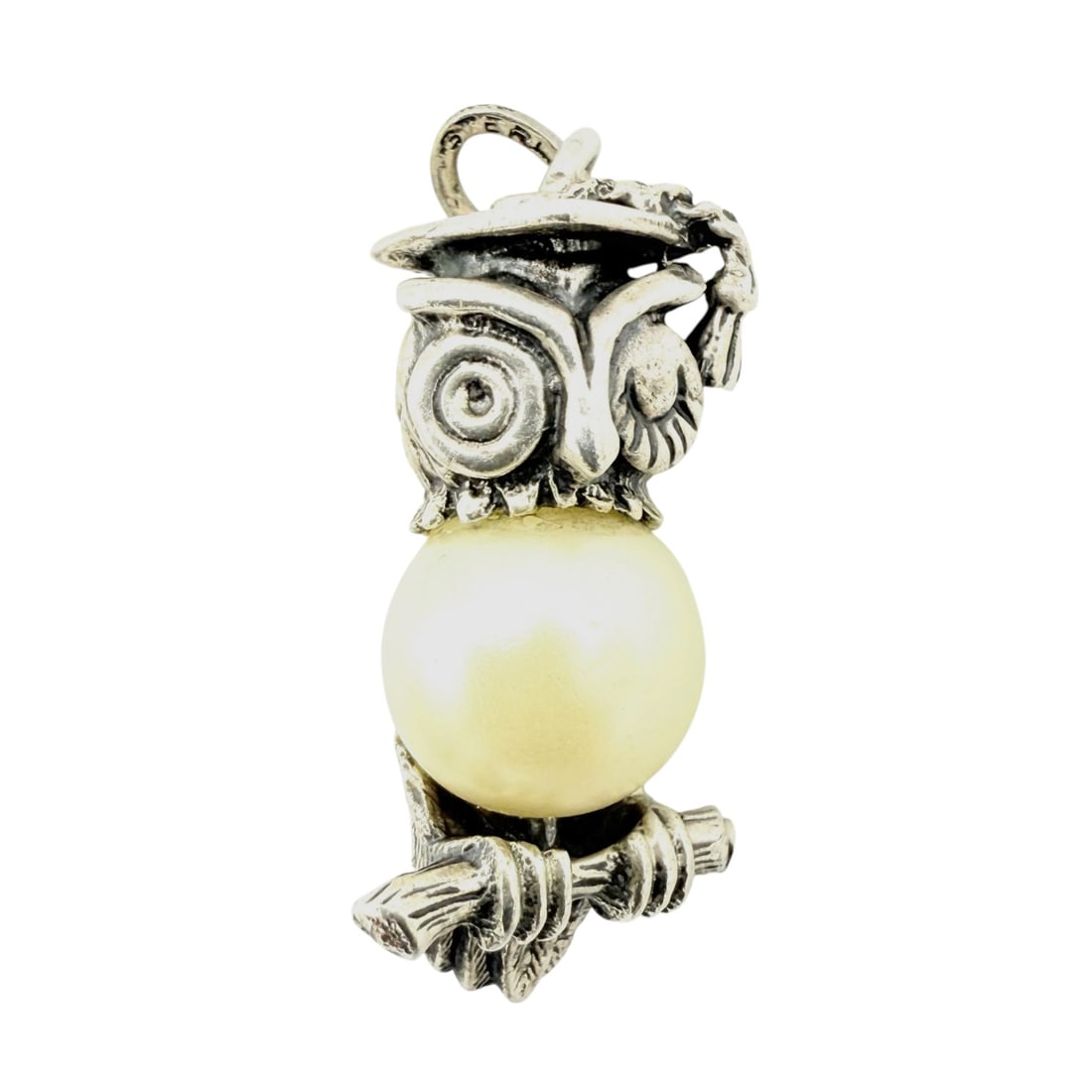 Signed Sterling Faux Pearl Owl Pendant 5.3g: Beau Signed Sterling Faux Pearl Owl Pendant 5.3g