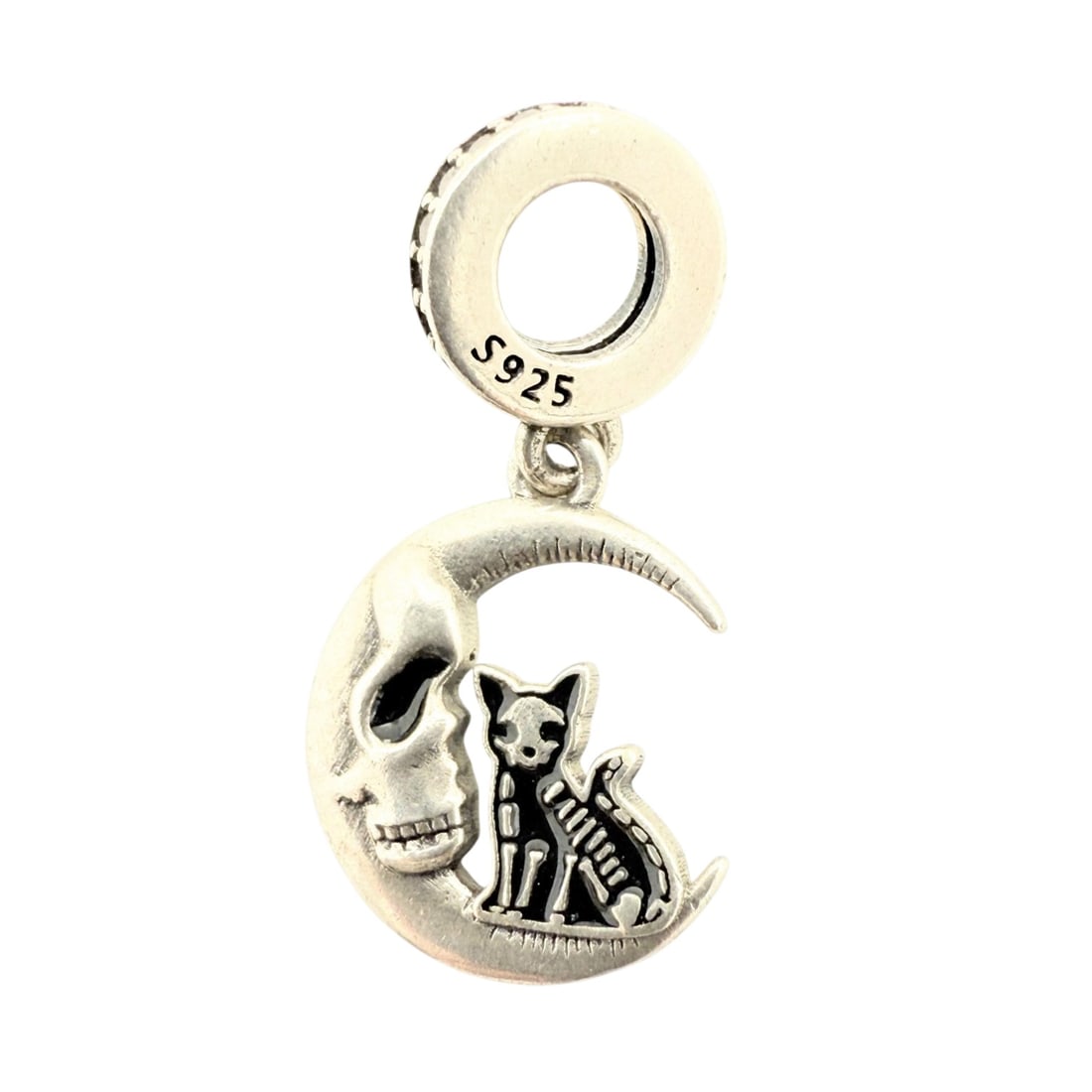 Sterling Black Enamel Cat Skeleton On Moon With Skull Face Charm 2g: 925 Sterling Black enamel cat Skeleton on Moon with Skull Face Charm 2g
