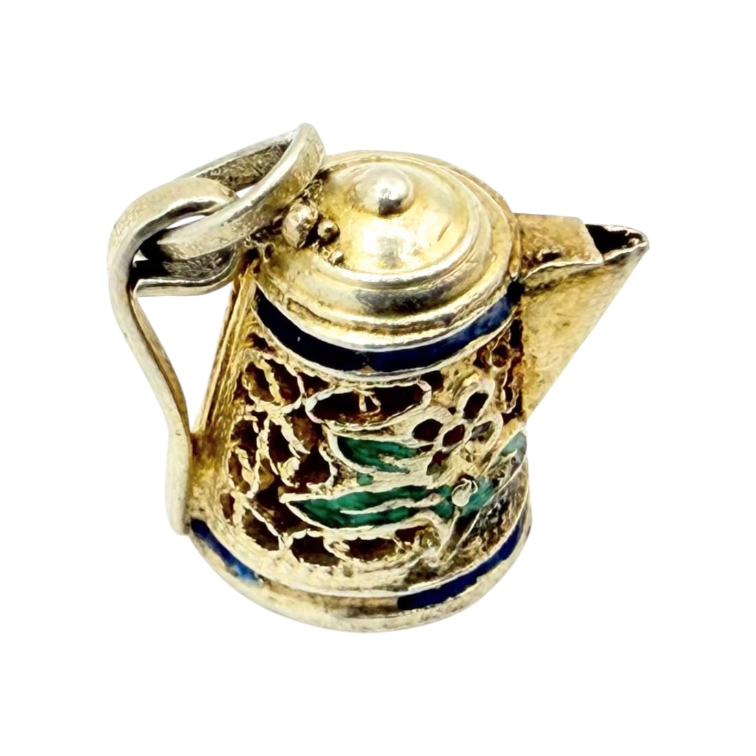 Sterling Gold Over Blue Green Enamel Teapot Charm 1.6g: Sterling Gold Over Blue green enamel teapot charm 1.6g