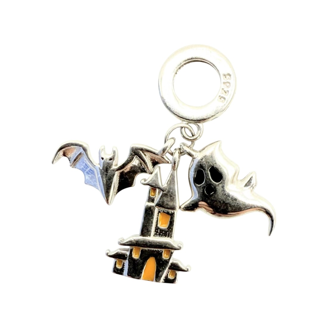 Sterling Orange And Black Enamel Halloween Ghost Bat And Haunted House Dangle Charm 1.8g: 925 Sterling Orange and black enamel Halloween Ghost bat and haunted house Dangle charm 1.8g