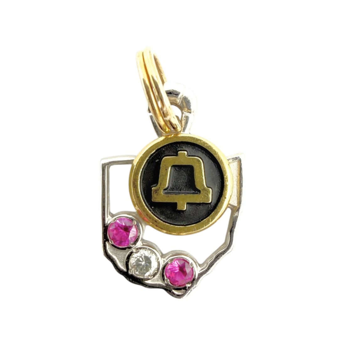Signed 1/5-10K Gold Diamond Pink Topaz Ohio Bell Pendant 1.7g: RB Signed 1/5-10K Gold with Diamond and Pink Topaz Ohio Bell Pendant 1.7g