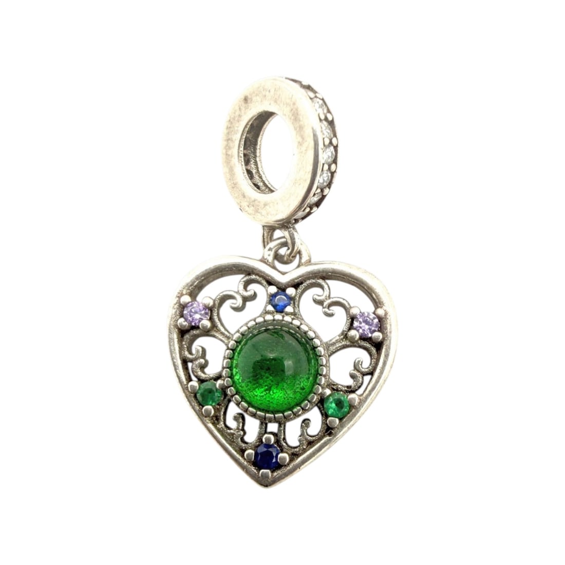 Sterling Multi Colored Stone And Green Glass Heart Dangle Charm 2g: Sterling Multi colored Stone and Green Glass Heart Dangle Charm 2g