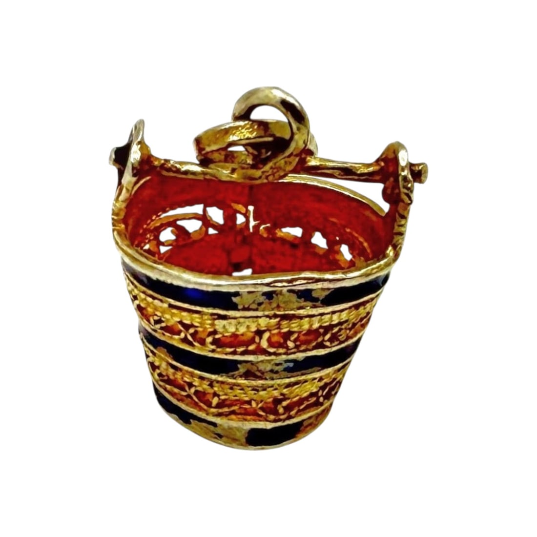 Gold Over Sterling Enamel Filigree Basket Charm 1.4g: Gold Over Sterling Blue Enamel and Filigree Details Handled Basket Charm 1.4g