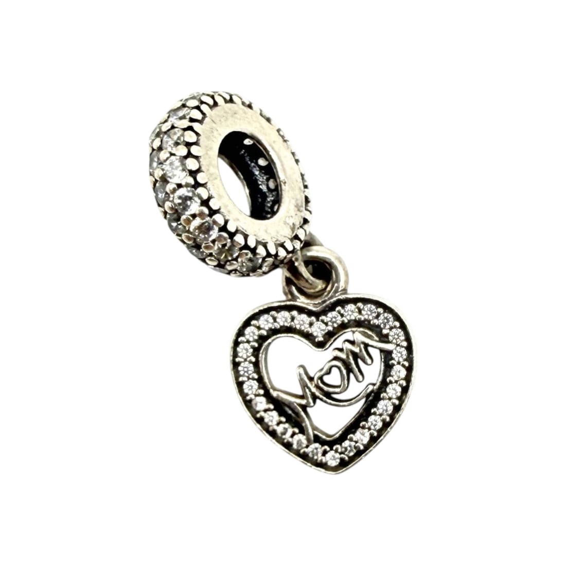 Pandora Sterling Rhinestone Mom Heart Dangle Charm 1.7g: Pandora Sterling Clear Rhinestone Mom Heart Dangle Charm 1.7g, signed 925 Ale