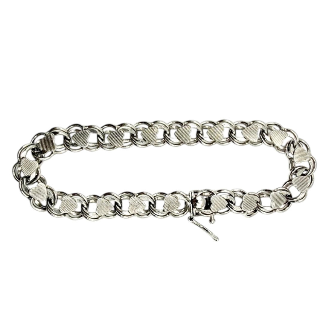 Sterling Textured Heart Double Link Charm Bracelet 14.5g: Signed Sterling Textured Heart Double Link Charm Bracelet 14.5g