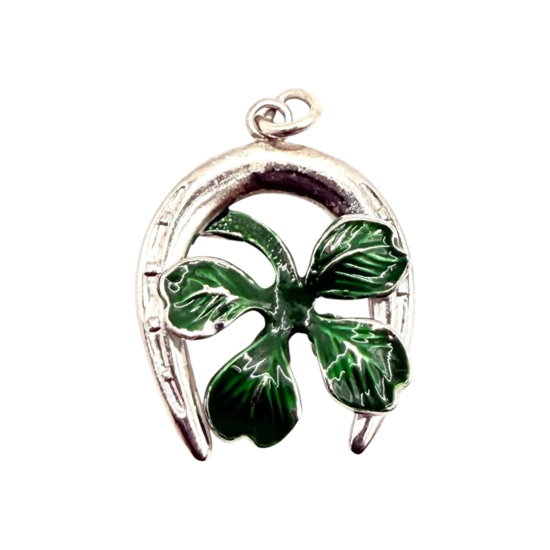 Sterling Green Enamel Horseshoe 4 Leaf Clover Pendant 1.4g: Sterling Green Enamel 4 leaf Clover and Horseshoe Pendant 1.4g