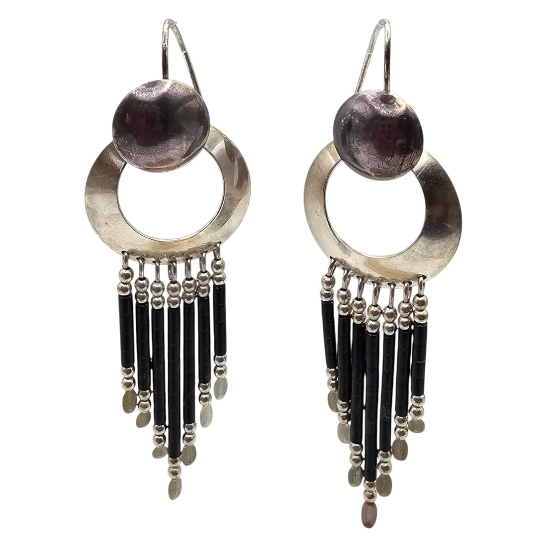 Quac Trading Jet Sterling Silver Fringe Drop Dangle Earrings 7.8g (1 of 3)