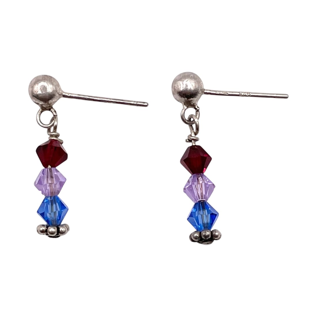 Sterling Dangle Earrings With Ruby and Rhinestones 1g: Sterling Dangle Earrings With Ruby Pink And Blue Rhinestones No Backs 1g