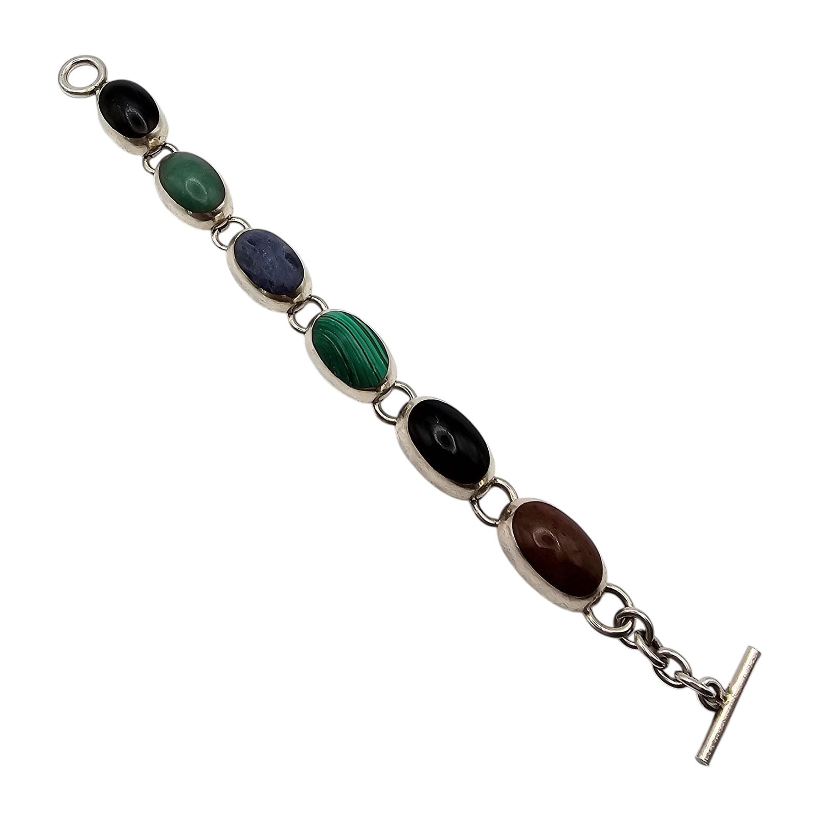 Mexico Taxco TA-119 Sterling Multi-Stone Toggle Bracelet 39.6g: Mexico Taxco TA-119 onyx Sodalite Malachite Jasper Sterling silver Toggle Bracelet 39.6 g