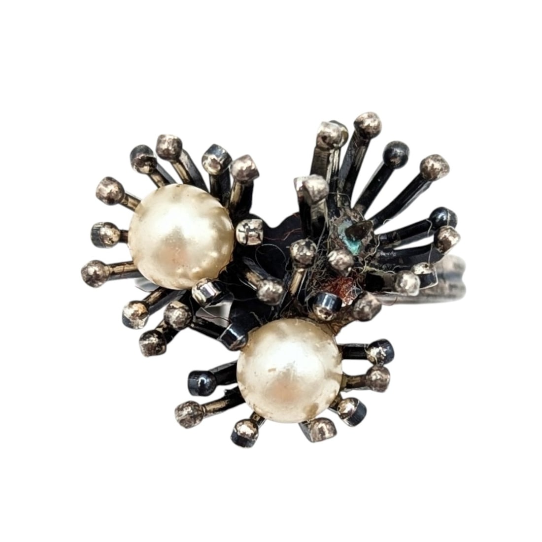Sterling Faux Pearl Flowers, Adjustable, Ring Size 4.75, 3.6g: Sterling faux pearl flowers adjustable missing one faux pearl ring Sz. 4.75 3.6g