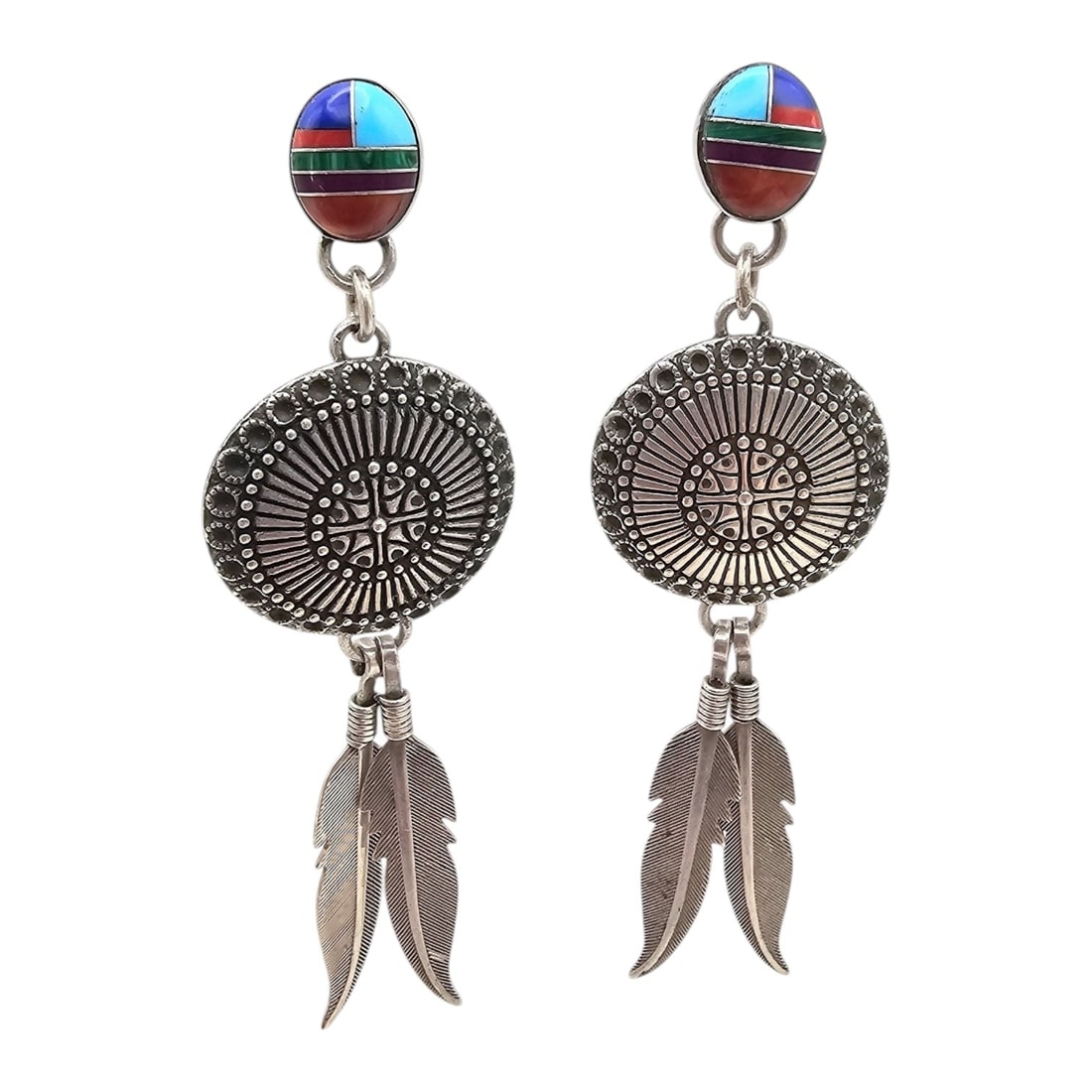 STC Southwestern Multi-Stone Sterling Silver Feather Drop Dangle Earrings 13.7g (1 of 4)
