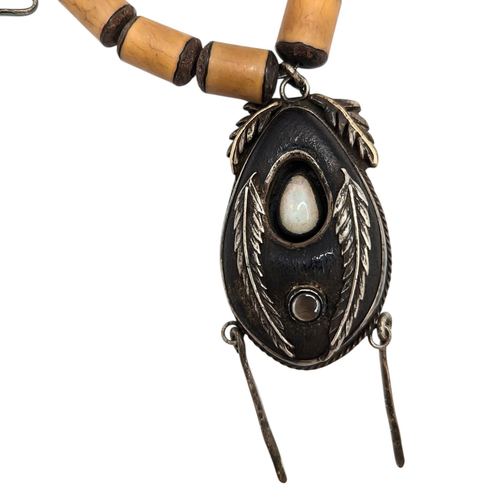 Sterling Vintage, Native, Opal, Wood Bead Necklace 35.2g: Sterling 925 vintage native opal wood bead necklace 35.2g