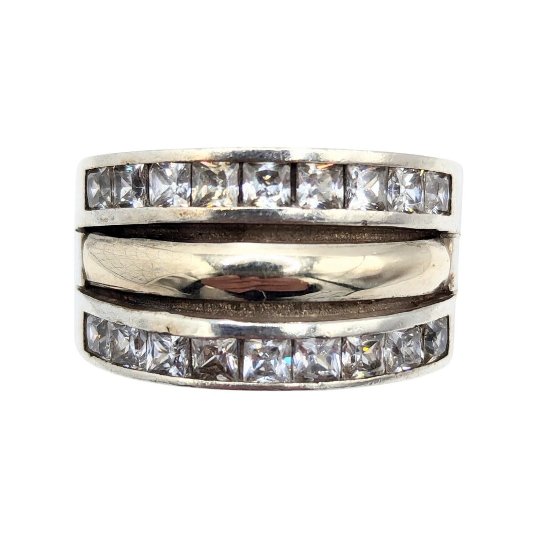 AL Sterling clear rhinestones, Three Rows, Wide Band, Ring Size 8.5, 12.3g: AL Sterling clear rhinestones, Three Rows, Wide Band, Ring Size 8.5, 12.3g