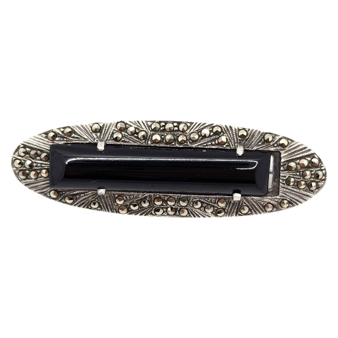 Sterling Marcasite, Black Tourmaline, Long Brooch 12.8g: Sterling 925 marcasite black tourmaline long brooch 12.8g