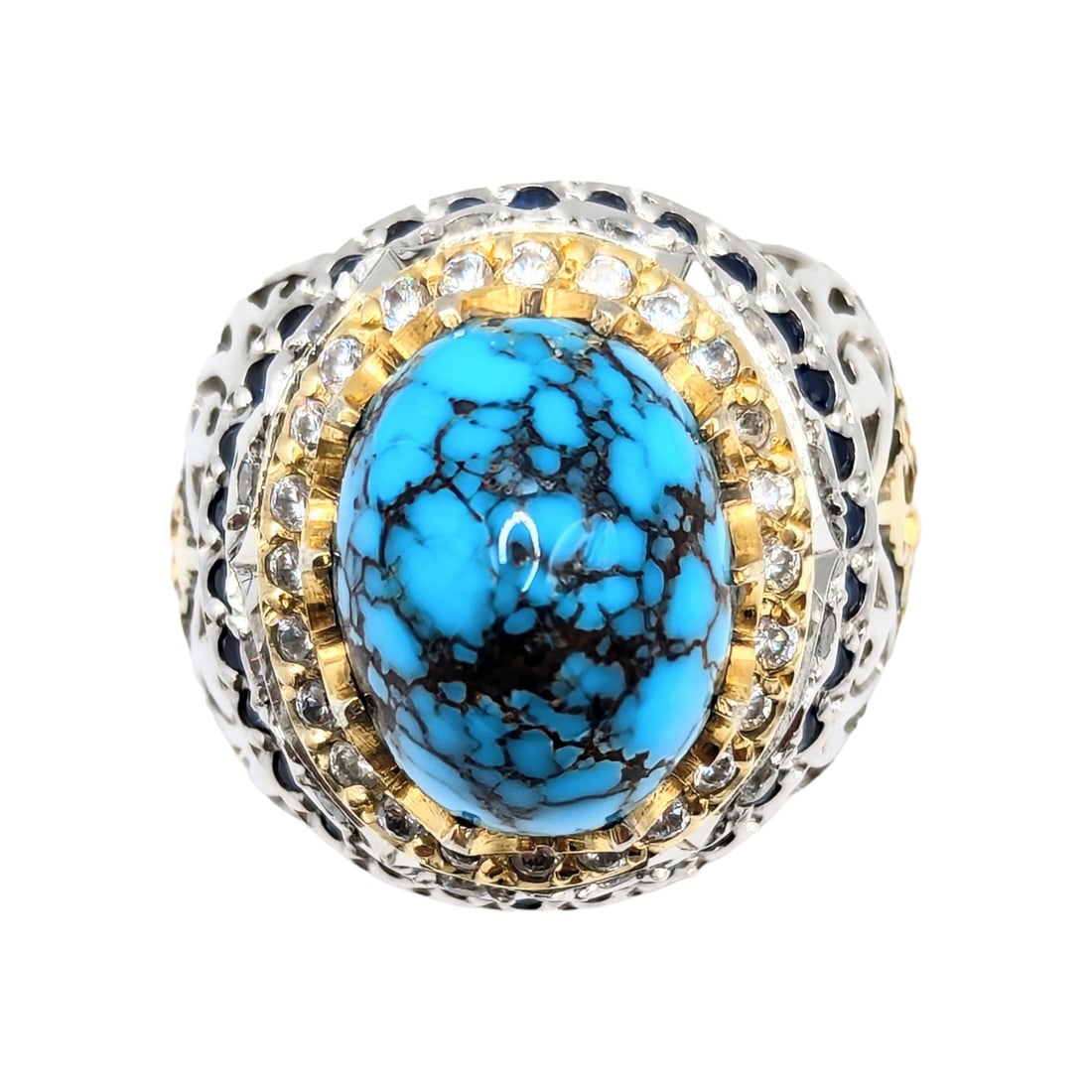 Sterling Multi Rhinestones Two Tone Raised Turquoise Ring Size 9, 28g (1 of 4)