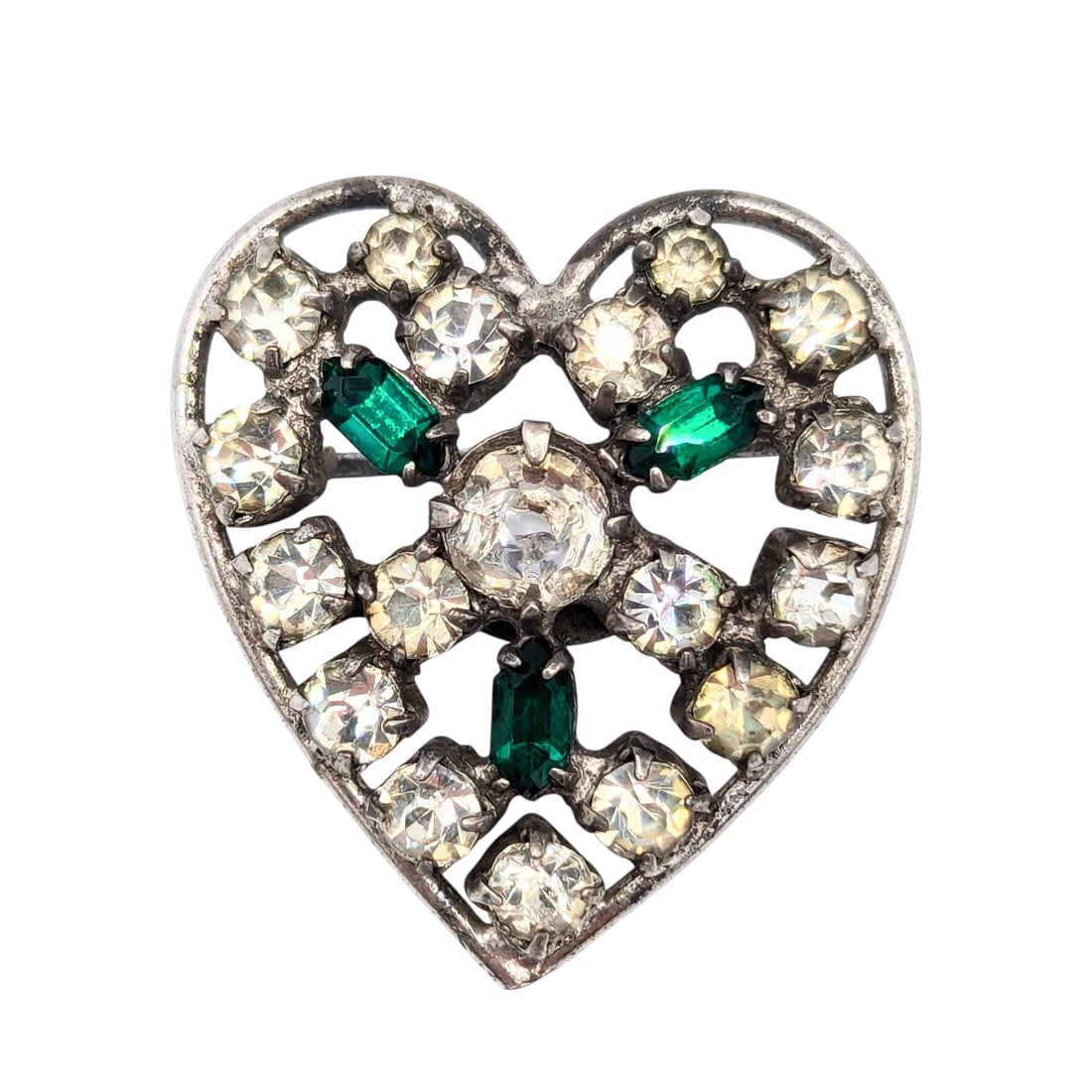 Sterling Kramer, Green and Clear Rhinestones, Heart Brooch 6.3g: Sterling Kramer Green and clear rhinestones heart brooch 6.3g