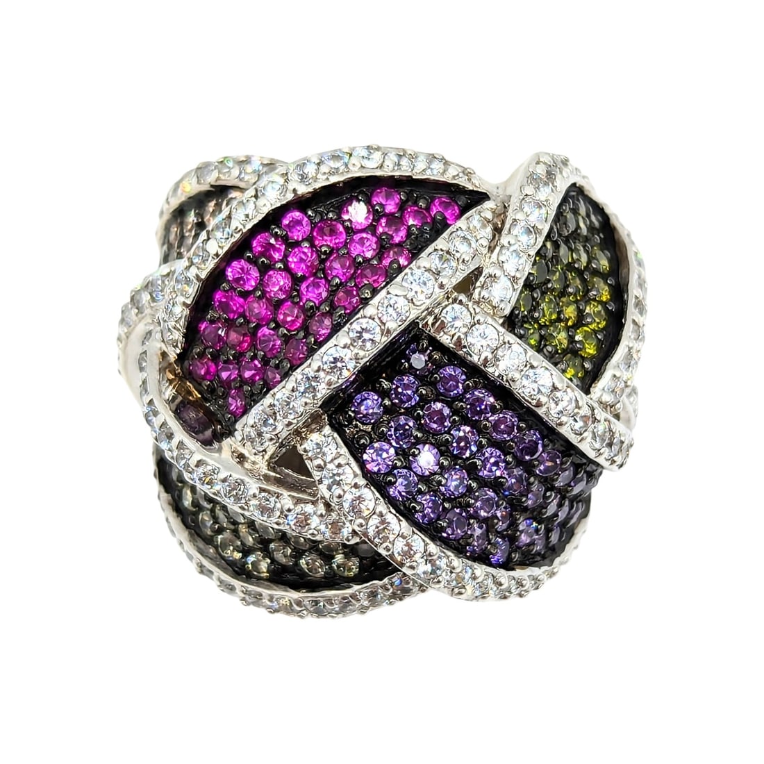 JCM Sterling CZ Multi-Stone and color, Large Weave, Ring Size 5.75, 14.7g: Sterling jCM 925 cZ Thailand multi-Color large weave ring Sz. 5.75 14.7g Ruby, Peridot, Citrine, Garnet