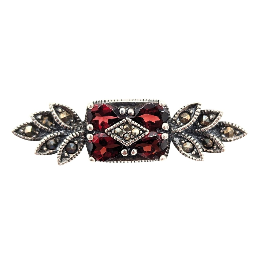 Sterling Marcasite, Garnet, Floral Brooch 6.6g: Sterling 925 Marcasite, Red Garnet, Floral Brooch 6.6g