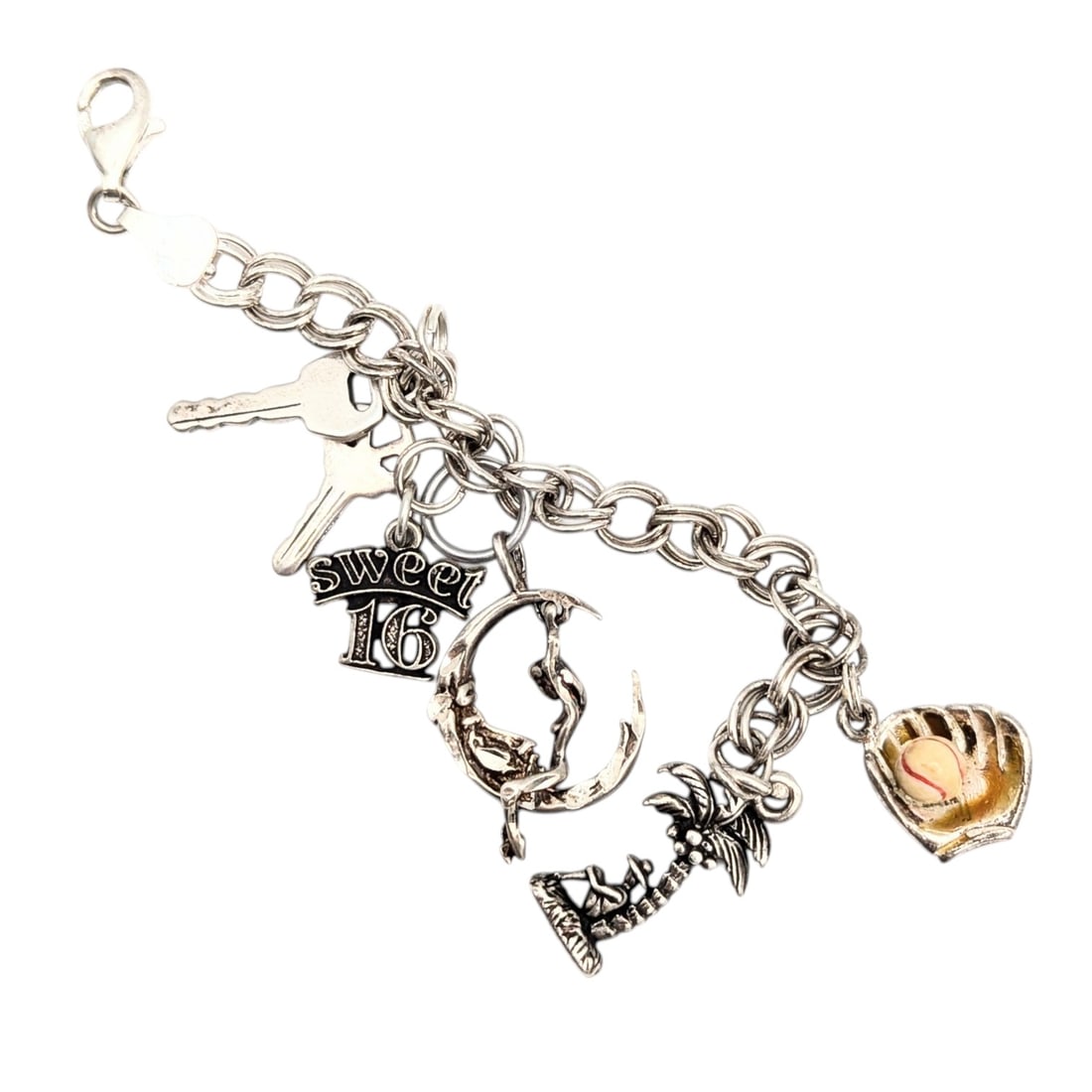 Italy Sterling Curb Chain 5 Charms 15.0g: Sterling Curb Chain W/ 5 Charms 15.0g SU 925 Italy Palm Tree,Guy, Baseball, Mitt Woman on Moon, Sweet 16, and 2 Keys