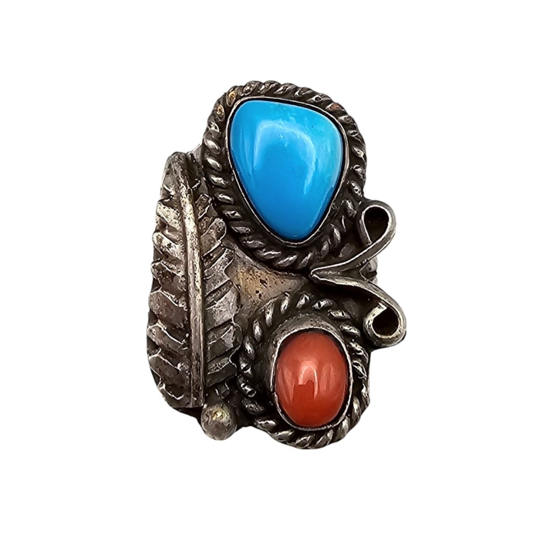 Navajo Sterling Silver Coral, Turquoise Ring Size 4.25, 5.1g (1 of 4)