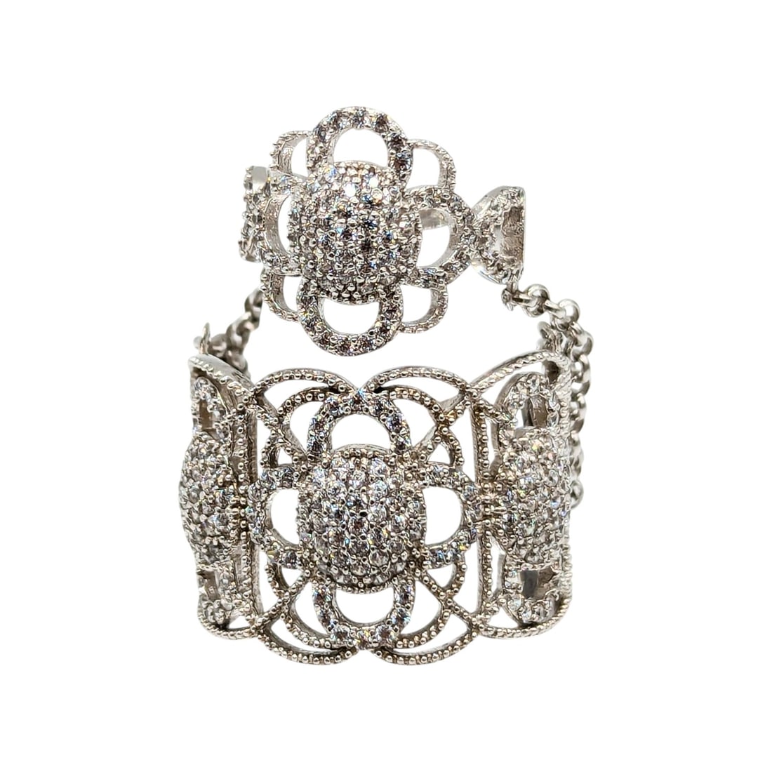 Sterling Rhinestones, Filigree, Double Chain, Ring Sizes, 8 & 2.25, 8.9g (1 of 4)