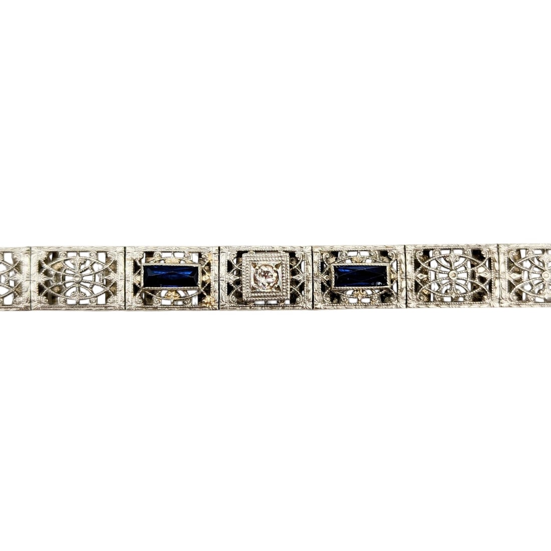 White Gold 14K Dark Blue Sapphire, Diamond On Filigree Link Bracelet 11.4g: White Gold 14K Dark Blue Sapphire, Diamond On Filigree Link Bracelet 11.4g