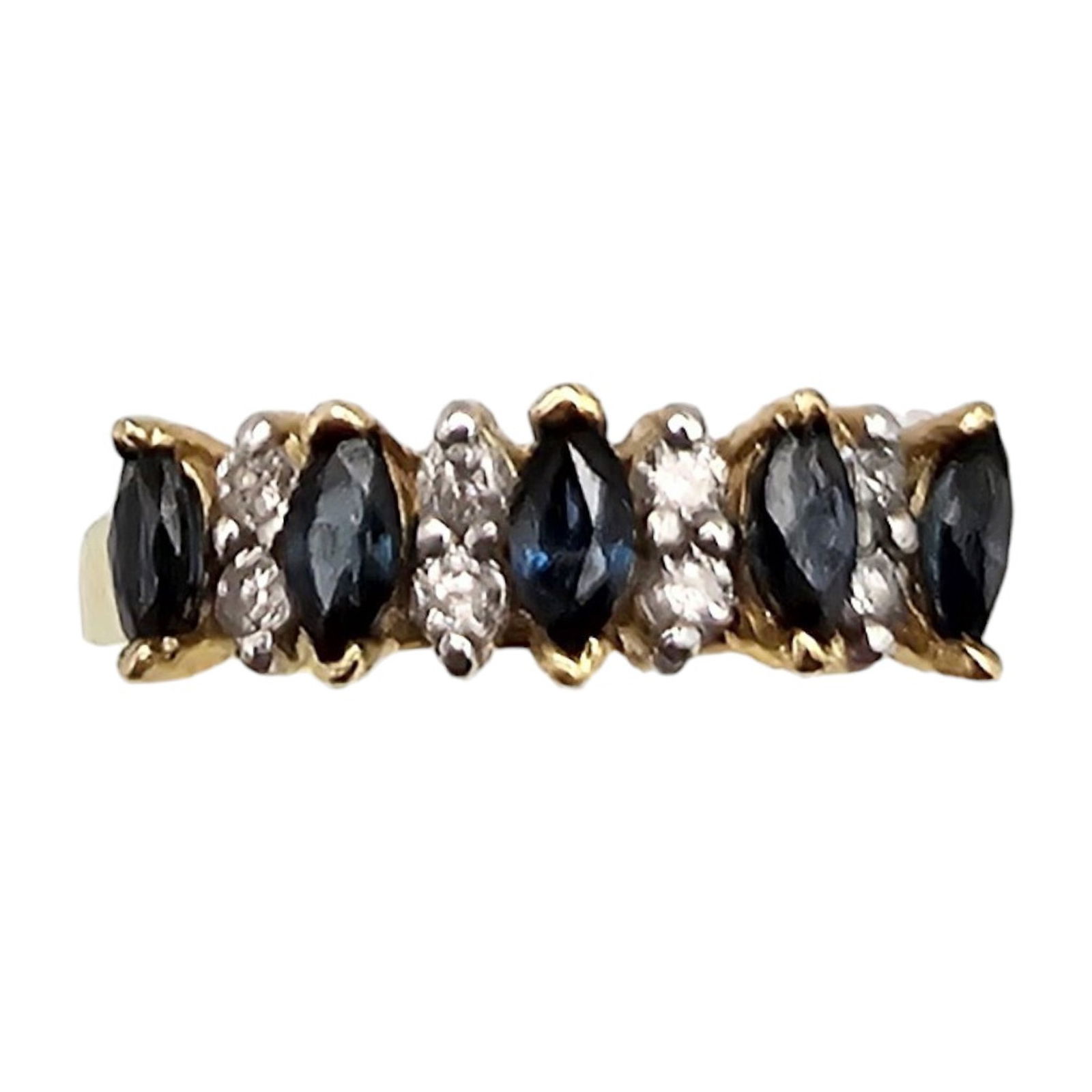 RJM 10K Gold Diamond Sapphire Cocktail Ring Size 5.75,2.6g: RJM 10K Gold Diamond Sapphire Cocktail Ring Size 5.75, 2.6g Approximately 0.55 TCW