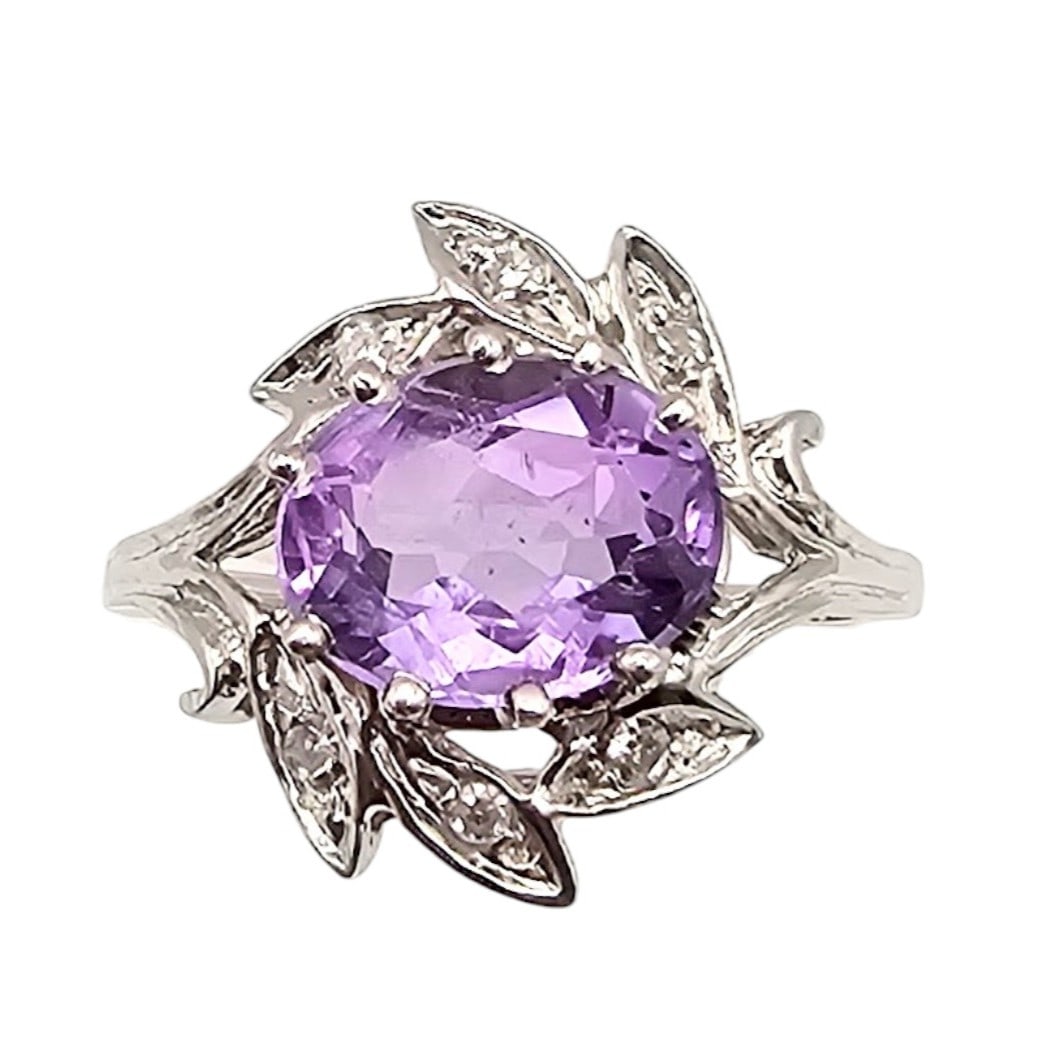 14K White Gold Amethyst Diamond Cocktail Ring Size 4.75, 2.8g (1 of 4)