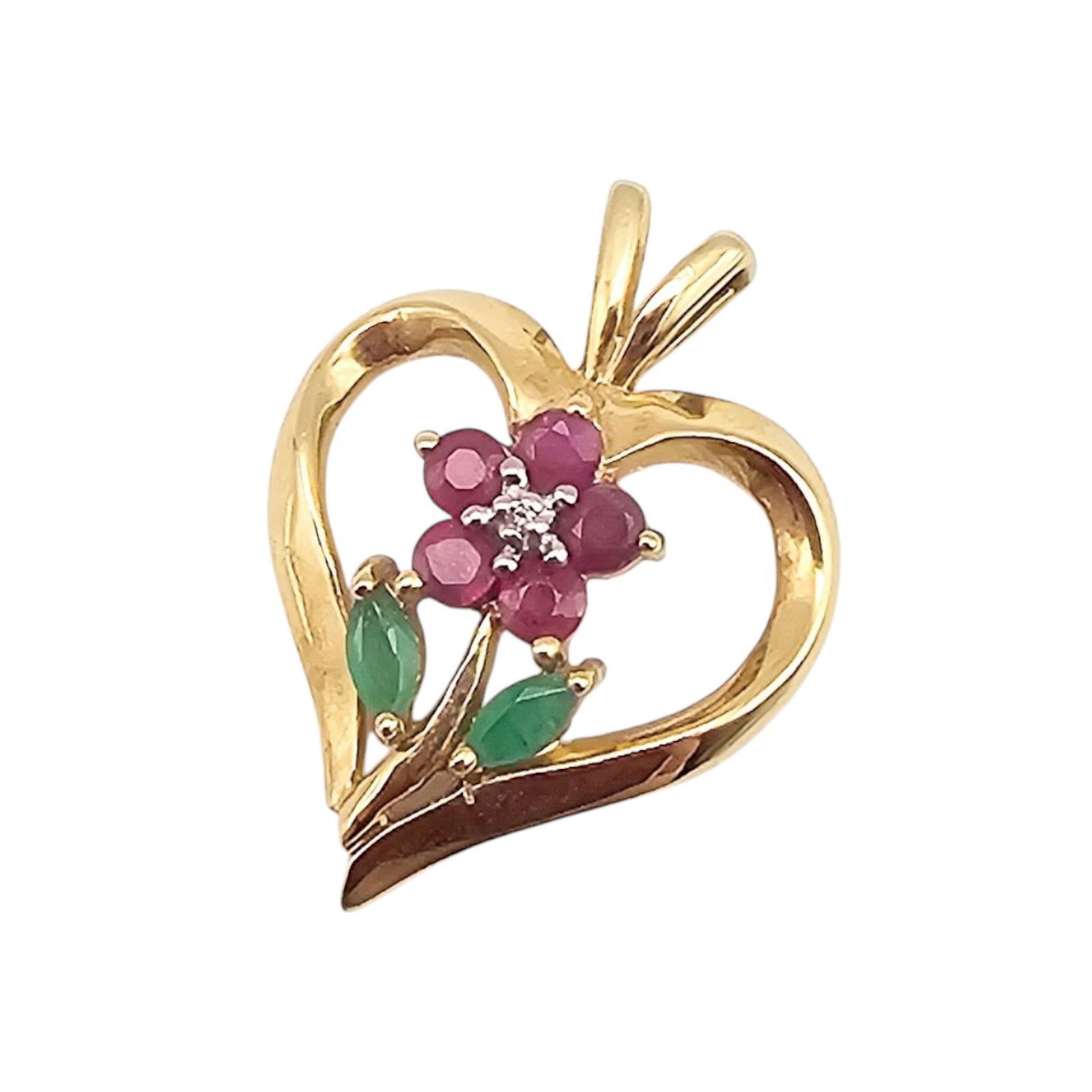10K Gold Ruby Diamond Lab Emerald Flower Heart Pendant 2.1g (1 of 4)