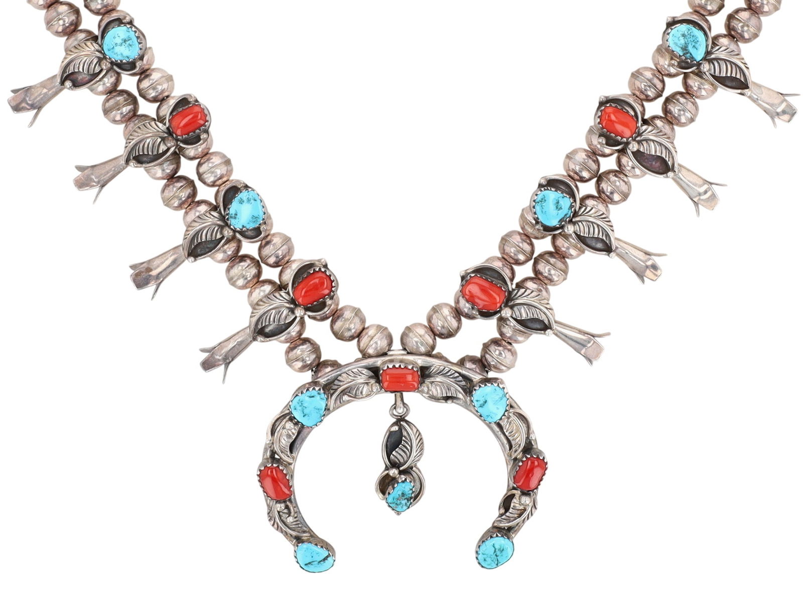 Christine Haley Navajo Turquoise and Coral Squash Blossom Necklace (1 of 7)