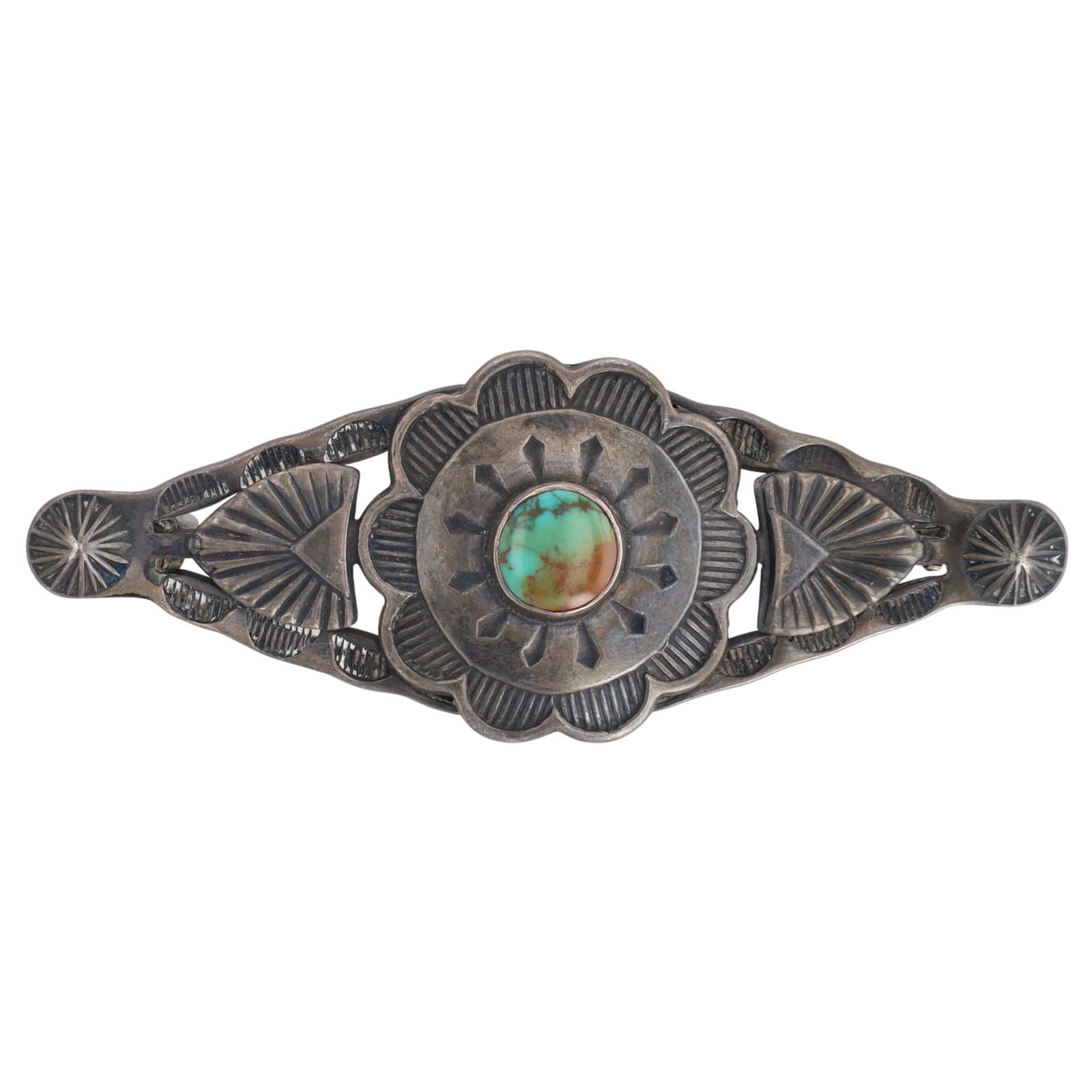 Vintage Fred Harvey Era Navajo Turquoise Stamped Brooch: Vintage Fred Harvey Era Navajo Sterling Turquoise Stamped Brooch - 10.7g