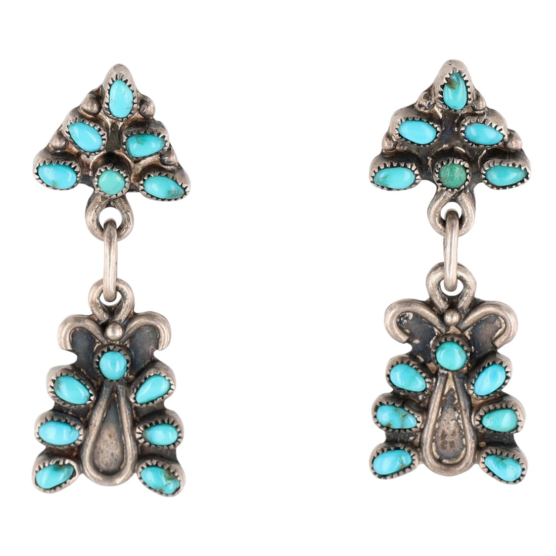 Vintage Zuni Turquoise Dangle Earrings: Vintage Zuni Sterling Turquoise Dangle Earrings - 4.9g