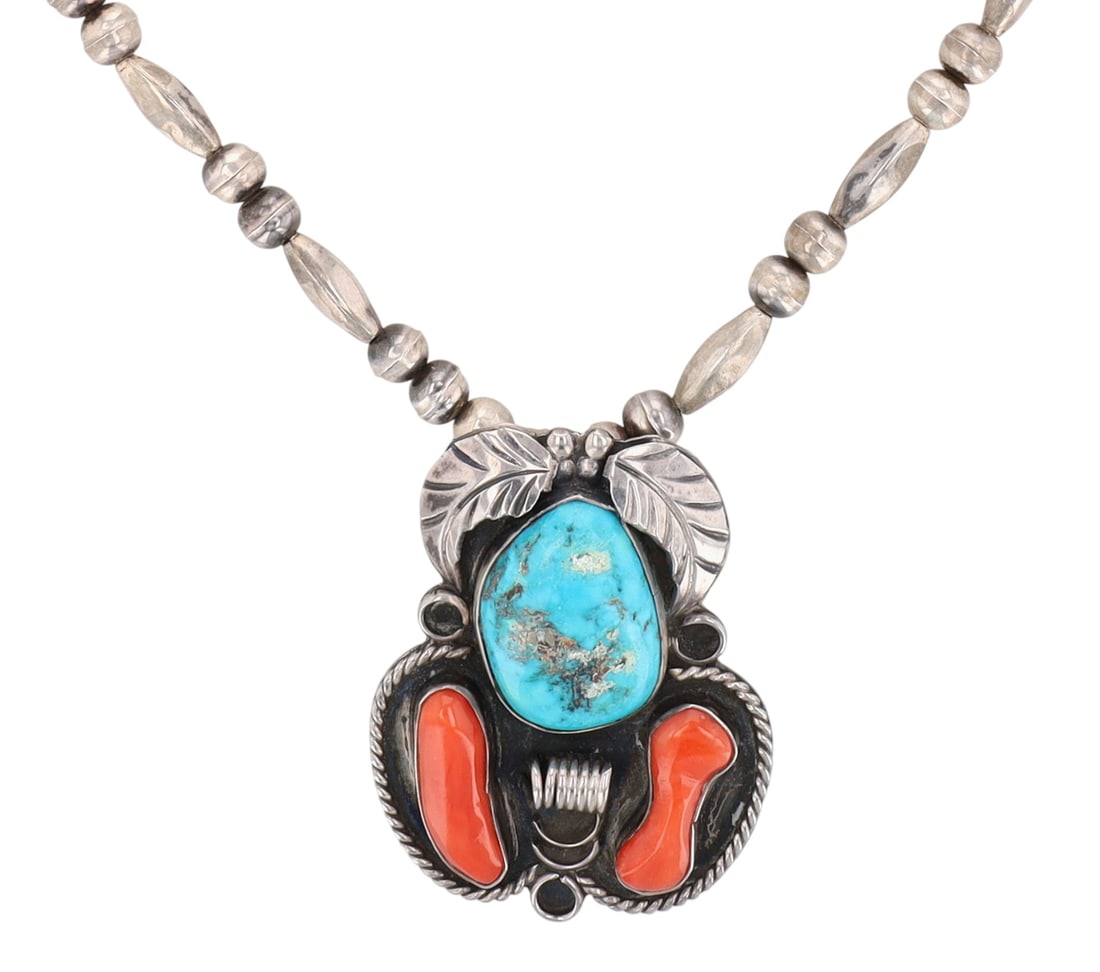 Vintage Signed Navajo Turquoise and Coral Necklace (1 of 6)