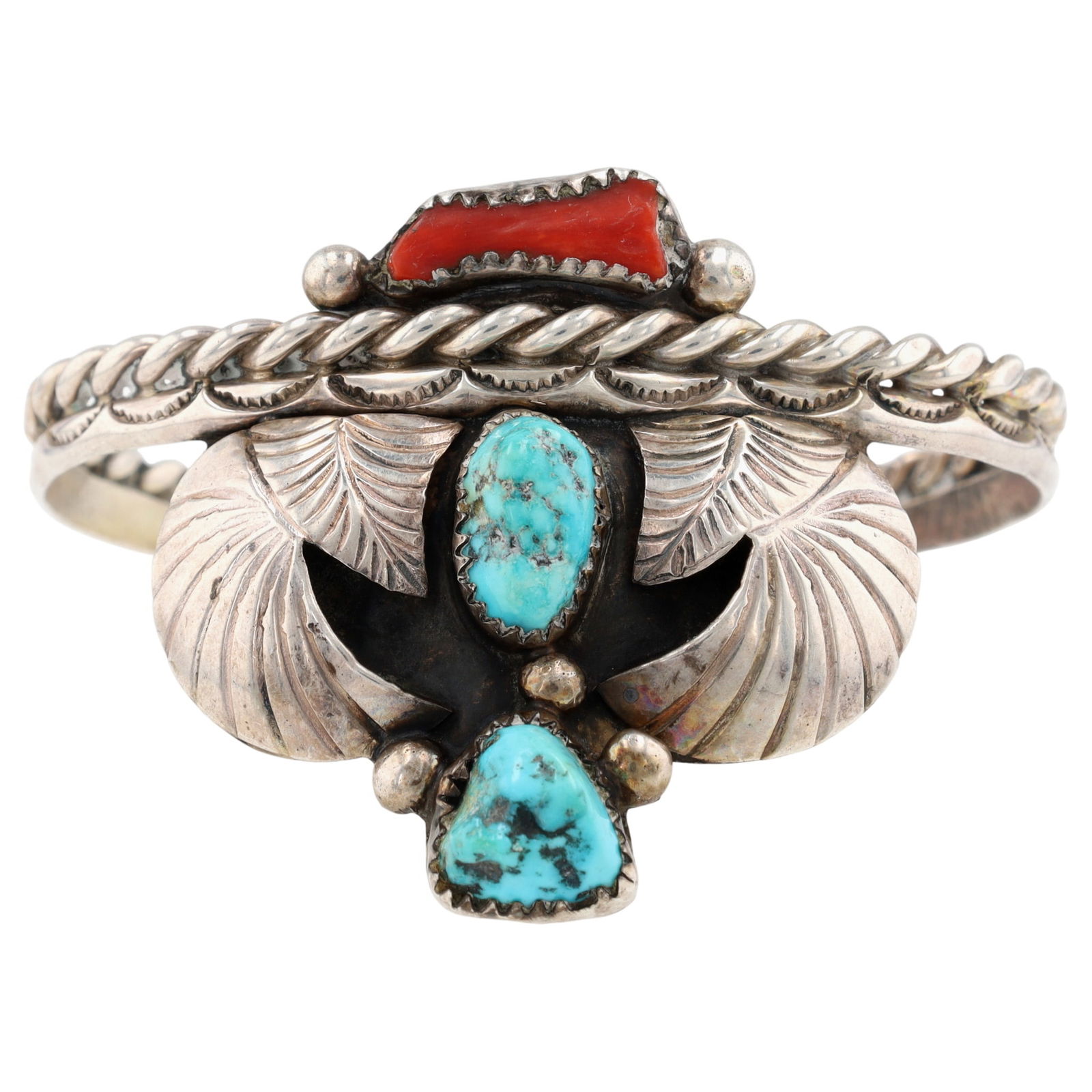 Vintage Navajo Turquoise and Coral Cuff Bracelet: Vintage Navajo Sterling Turquoise and Coral Cuff Bracelet - 23.5g