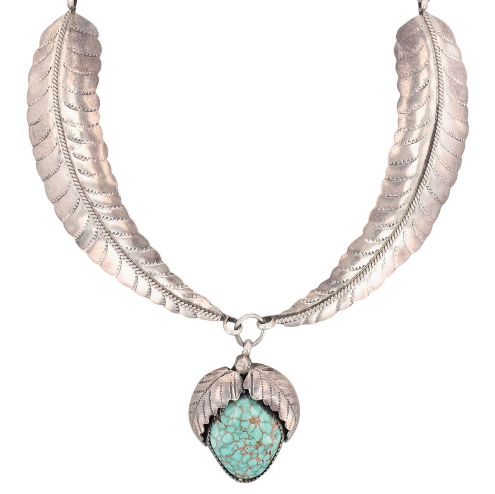 Signed Navajo Turquoise Feather Handmade Necklace: Signed ERS (and handsigned 23 on the back of each feather) Navajo Sterling Turquoise Stamped Feather Handmade Necklace - Approximate Length 18.5" - 53g