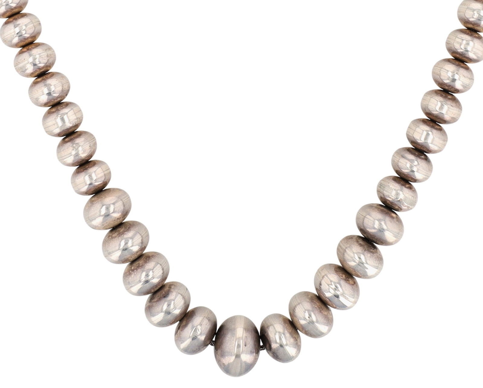 Roderick Tenorio Santo Domingo Graduated Bead Necklace: Roderick Tenorio Santo Domingo Sterling Graduated Bead/"Navajo Pearl" Style Necklace - 75.8g - Approx. Length: 24.5" - Note: one of the cones has indentations