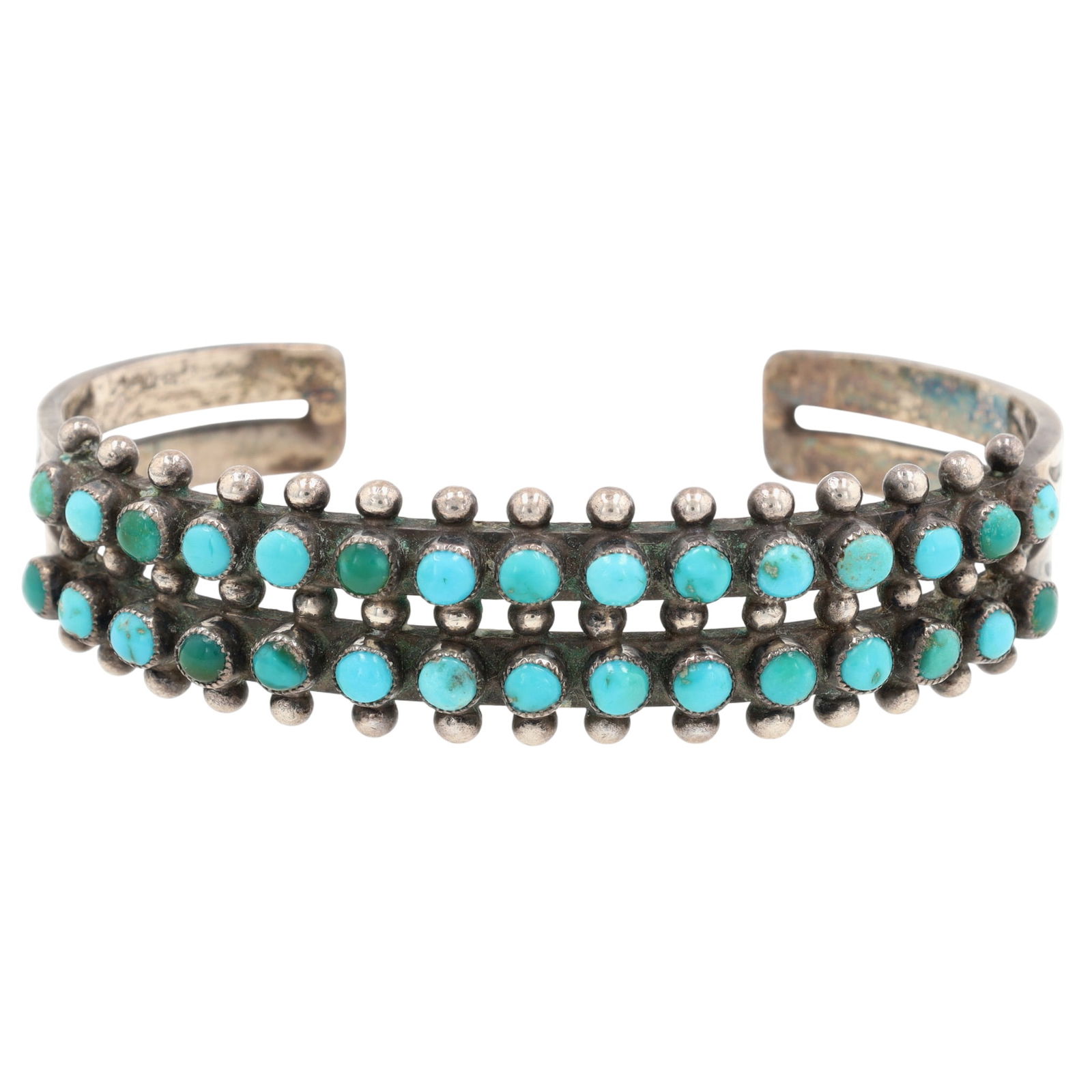 Vintage Zuni Snake Eye Turquoise Double Row Cuff Bracelet: Vintage Zuni Sterling Snake Eye Turquoise Double Row Cuff Bracelet - 24.7g