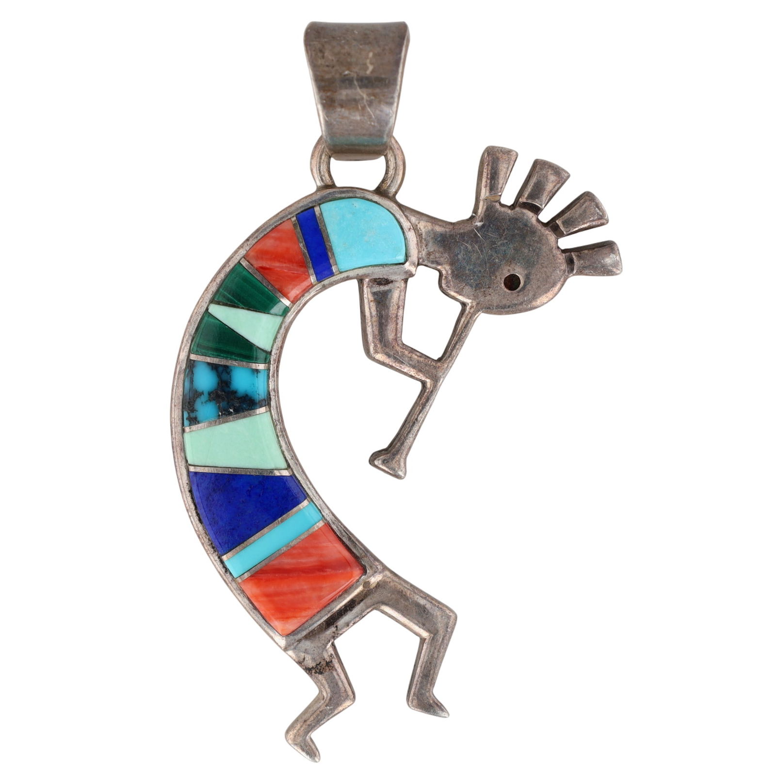 Calvin Begay Navajo Multistone Inlay Kokopelli Pendant: Calvin Begay Navajo Sterling Multistone (Various Turquoises, Spiny Oyster, Malachite, Lapis Lazuli, etc.) Inlay Kokopelli Pendant - 6.7g