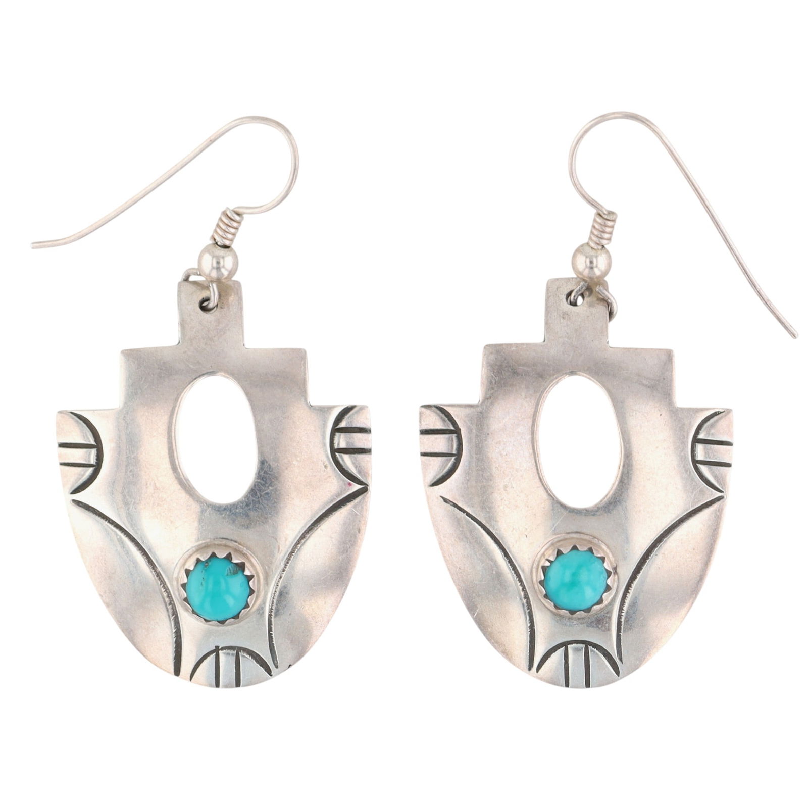 Signed Navajo Stamped Turquoise Earrings: Signed Navajo Sterling Stamped Turquoise Earrings - 6.4g