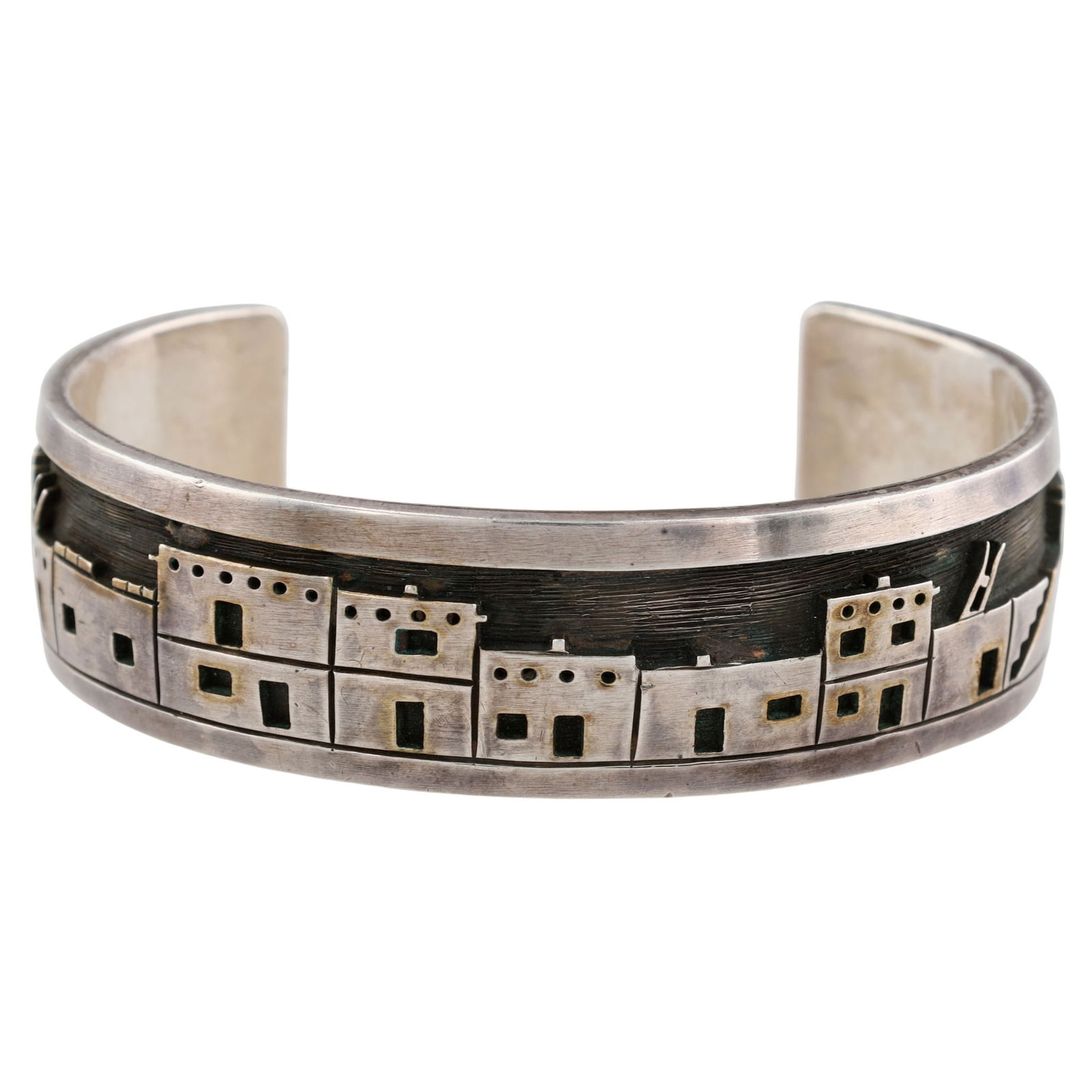 Signed Hopi Overlay Pueblo Village Cuff Bracelet: Amazing - Signed Hopi Sterling Overlay Pueblo Village Cuff Bracelet - 52.1g