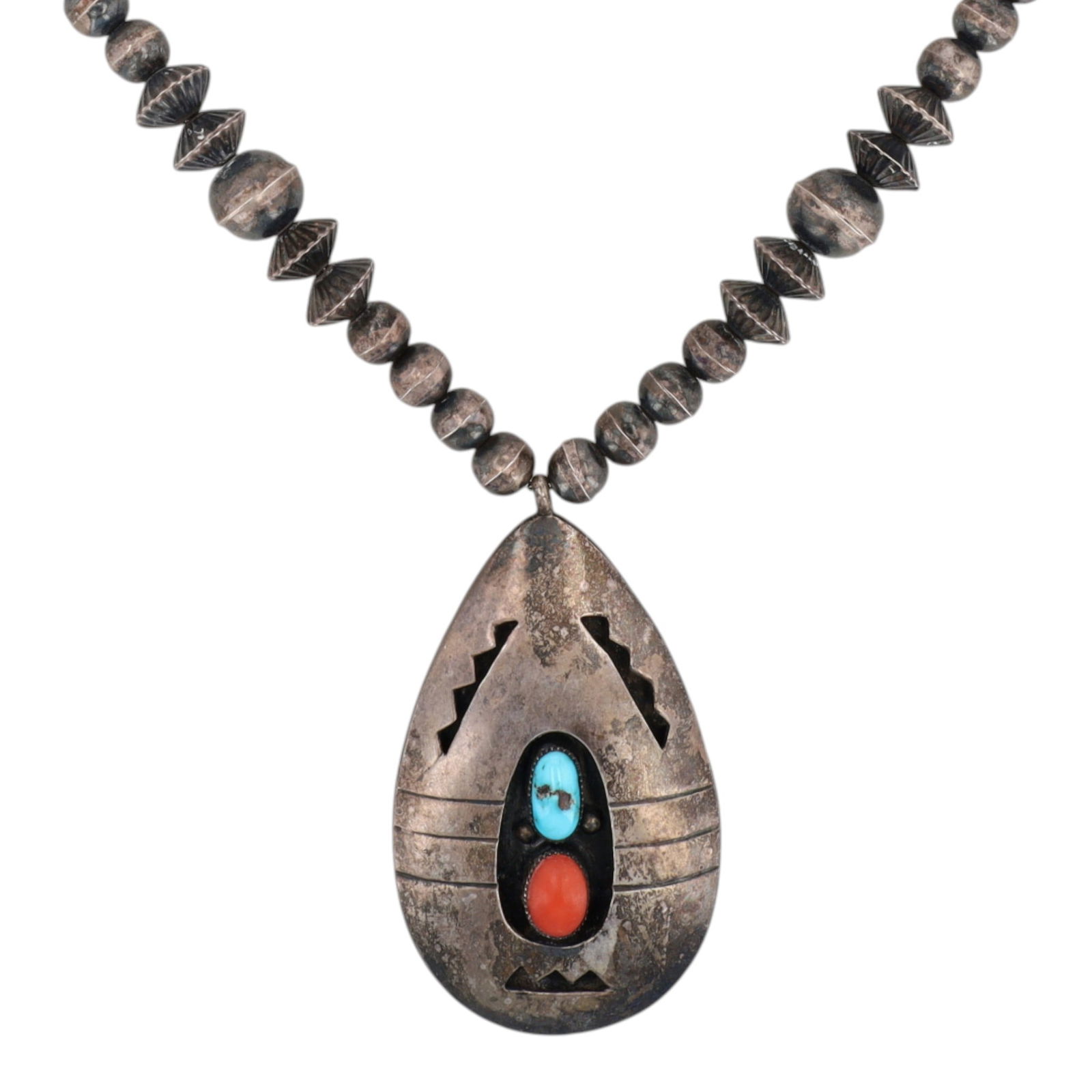 Alice White Navajo Turquoise and Coral Handmade Shadowbox Bead Necklace: Vintage Alice White Navajo for Atkinson Trading Co. Sterling Turquoise and Coral Handmade Shadowbox Bead Necklace - 78.1g - Approx. Length: 26" - some of the beads have wear, dimples consistent with