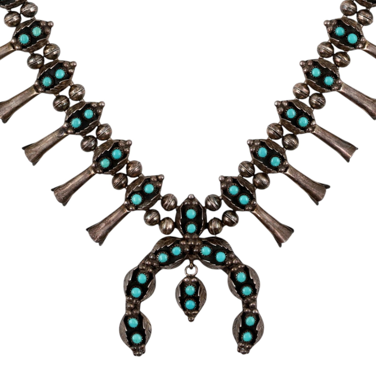 Signed Navajo Turquoise Snake Eye Squash Blossom Necklace: Hand Signed Navajo Sterling Turquoise Snake Eye Squash Blossom Necklace - 140g - approx. 23.5"