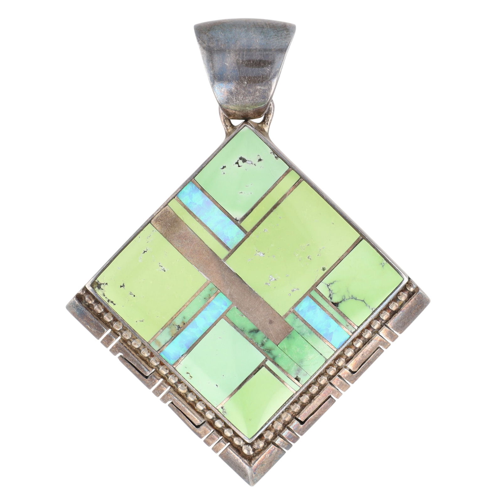 Larry M Chavez Navajo Multistone Inlay Pendant: Gorgeous - Larry M Chavez Navajo Sterling Multistone (Gaspeite, Opal, Turquoise?) Inlay Pendant - 26.1g