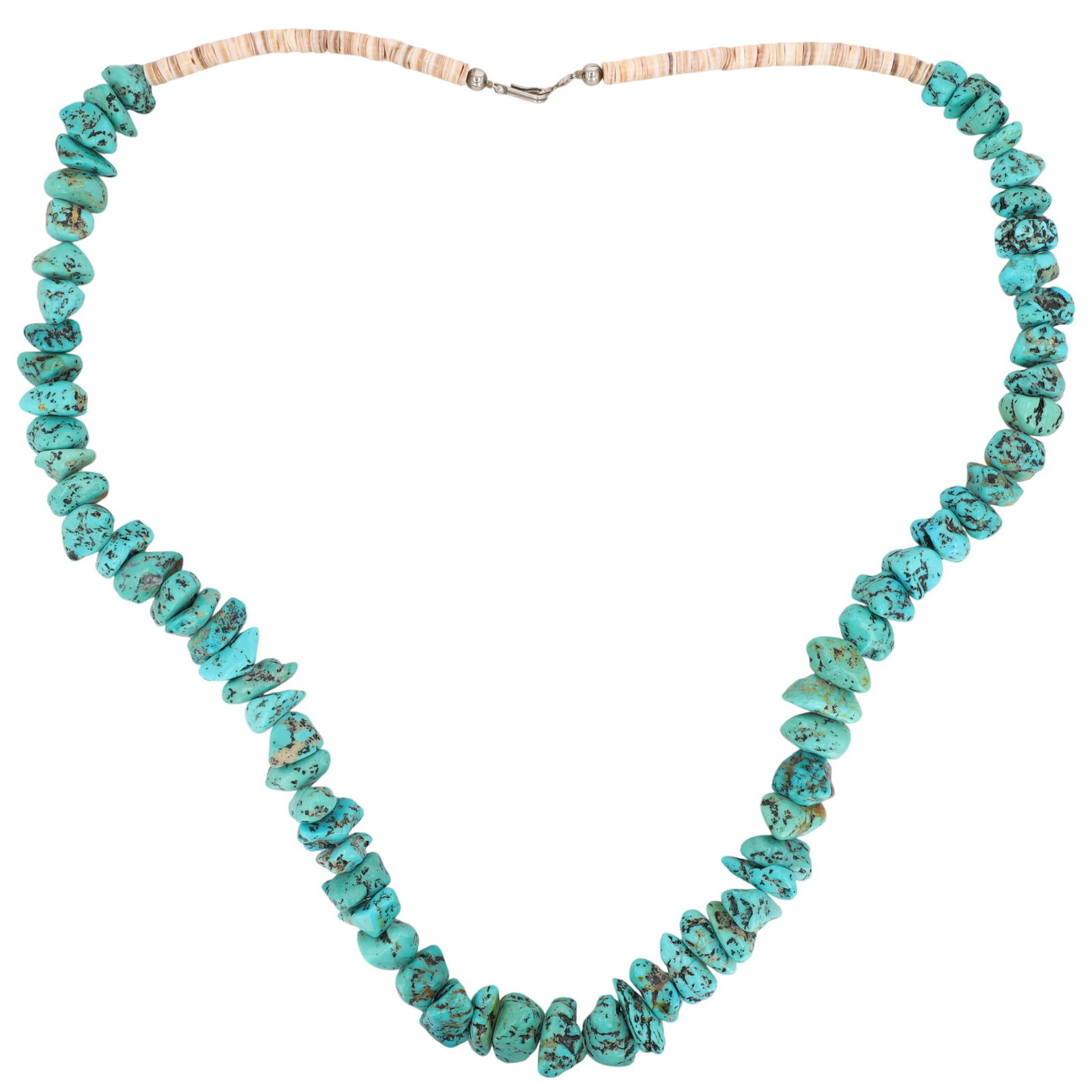 Vintage Santo Domingo Pueblo Turquoise Chunk and Shell Necklace: Vintage Santo Domingo Pueblo Sterling Turquoise Chunk and Shell Necklace - Approx. Weight: 137g! - Approx. Length: 29"