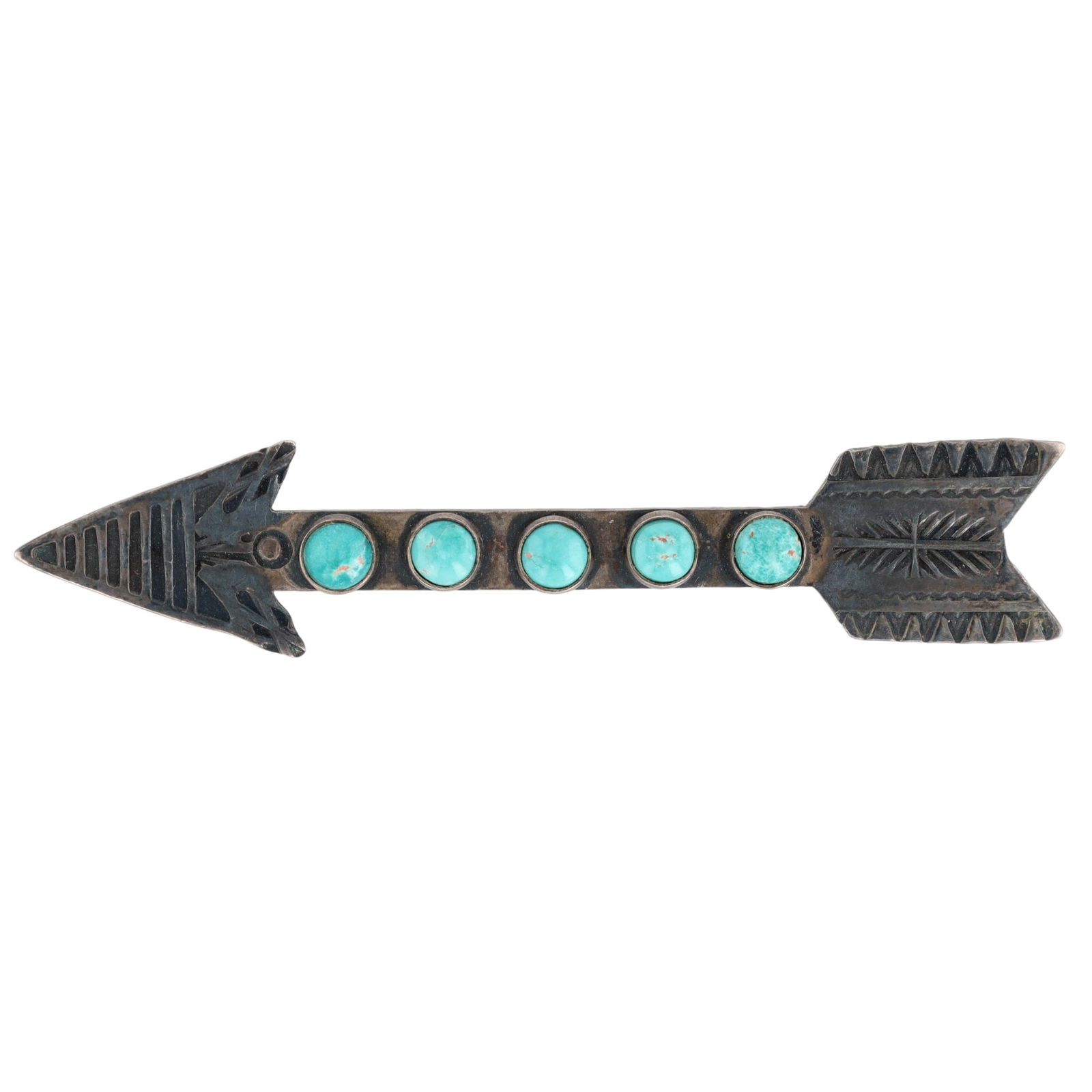 Vintage Fred Harvey Era Navajo Turquoise Stamped Arrow Brooch: Vintage Fred Harvey Era Navajo Sterling Turquoise Stamped Arrow Brooch - 4.4g