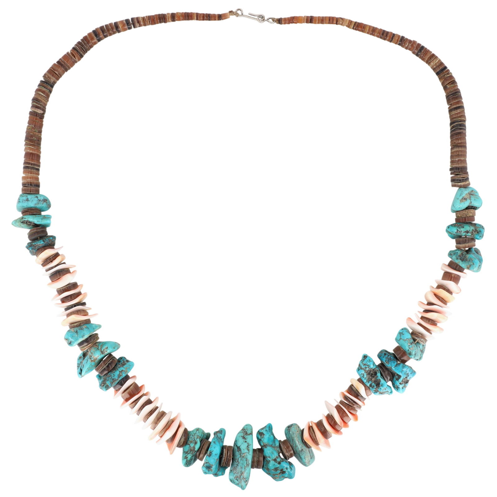Edward Coriz Santo Domingo Turquoise and Shell Heishi Necklace: Vintage Edward Coriz (attr., unsigned, artist per consignor report) Santo Domingo Kewa Turquoise Chunk and Shell Heishi Necklace - 143g - approx 16.5" - beautiful, unique design/combination of materia