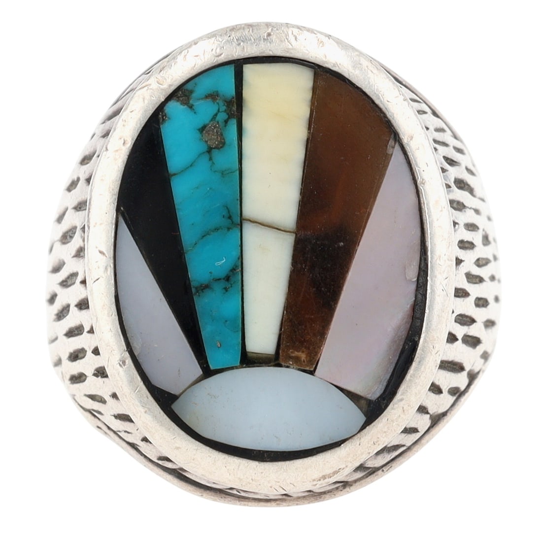Signed Zuni Multistone Inlay Ring Sz 9: Hand Signed SAN/Picto-Signed (hand drawn flower or 4 leaf clover as well as two other smaller drawings that appear to be of a rose and another flower) Zuni Sterling Multistone (Turquoise, Jet, Shell,