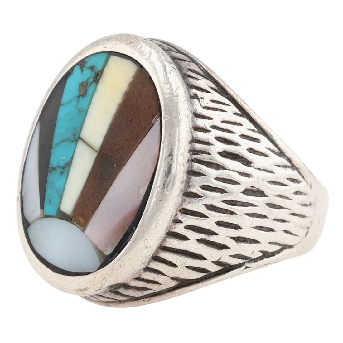 Signed Zuni Multistone Inlay Ring Sz 9 - 2