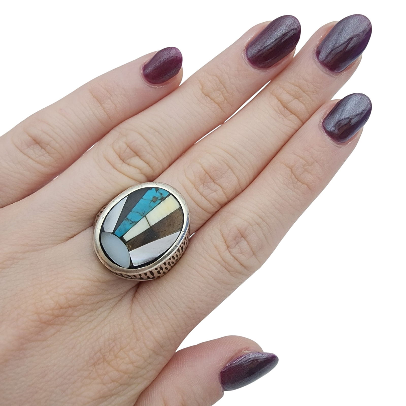 Signed Zuni Multistone Inlay Ring Sz 9 - 3