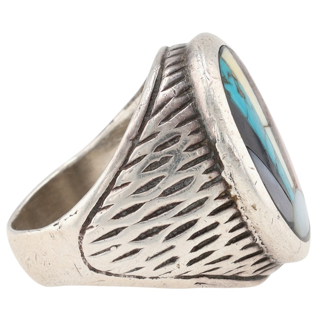 Signed Zuni Multistone Inlay Ring Sz 9 - 7